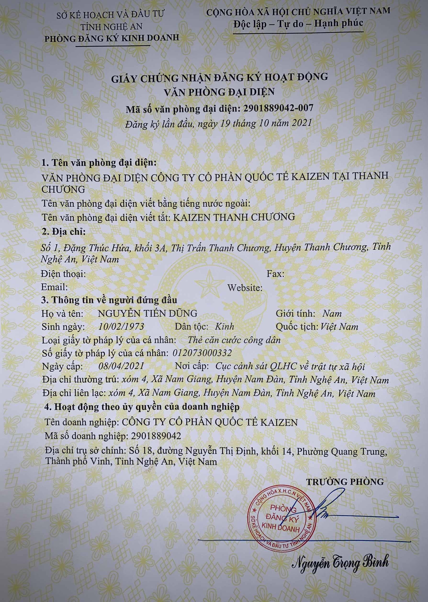KAIZEN 'JSC THÀNH LẬP VĂN PHÒNG THANH CHƯƠNG